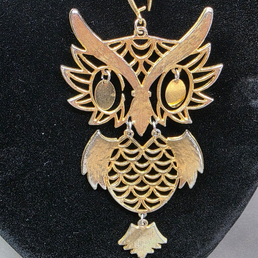 Owl Pendant 24" Necklace Gold Tone Articulated Vintage Filigree Boho 70s - Picture 6 of 9